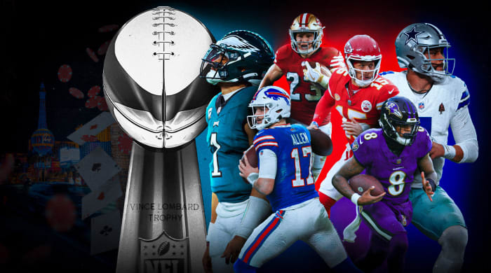 A graphic illustration of Jalen Hurts, Christian McCaffrey, Josh Allen, Patrick Mahomes, Dak Prescott and Lamar Jackson next to a large Lombardi Trophy, with the Las Vegas strip in the background.
